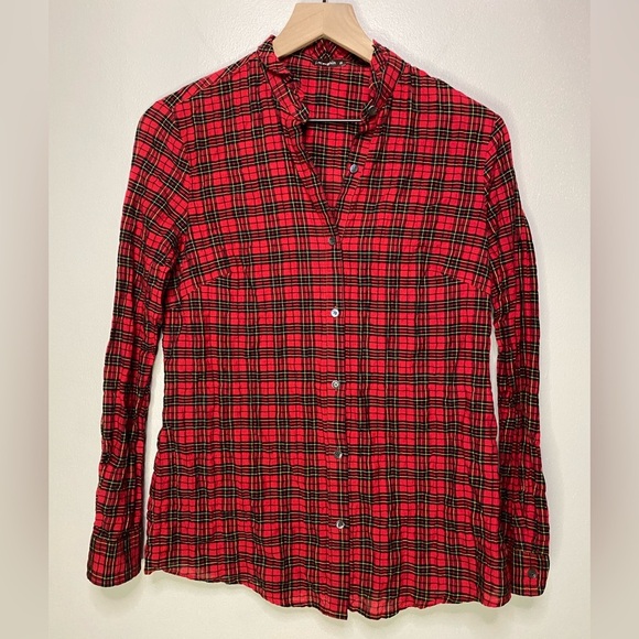 J. McLaughlin Ruffle collar Plaid red XS Blouse button down Christmas - Picture 1 of 8